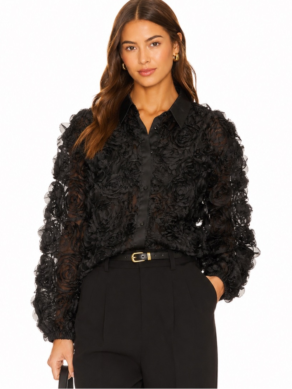 Y.A.S 3D Rosette Floral Organza Blouse Black Size Medium